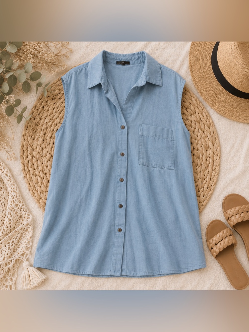 POL Light Blue Sleeveless Button-Up Tunic Dress